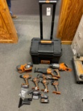 Ridgid 9 piece Combo Set with Pack out cart, 2 impact driver, drill, sander, multi tool, radio, flas