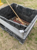 Large Plastic Bin with 5 Large sledge hammers, large bolt cutters, shovels & sqeegy