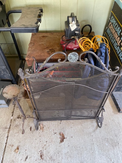 Antique Trunk,small compressor,tool bag,fire place cover & misc.