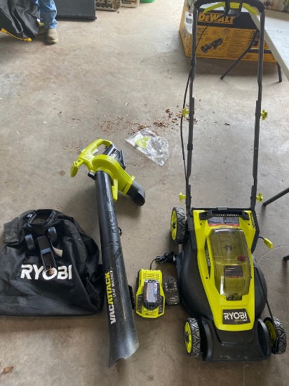 Ryobi 40V Leaf Vac & Ryobi 18V Push mower with 2 batteries & chargers