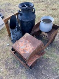 Antique yard art including milk churn, spitoon, coal bin & Jeep pedal toy car