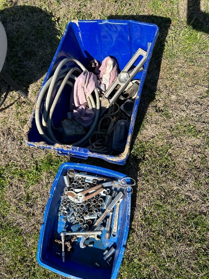 Tote of Sockets,wrenches,misc,tote of electrical wire,level,hammers