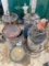 4 Grease cans with pumps & tractor oil