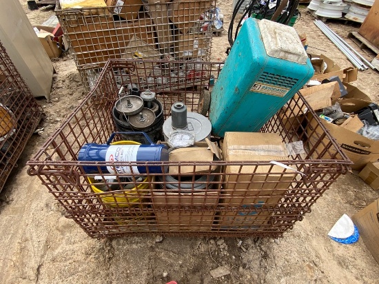 Metal Crate of air Filters, Battery Charger & Misc