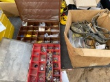 Box of Master locks,straps,bungy cords,2 bins of electrical connectors