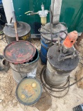 4 Grease cans with pumps & tractor oil