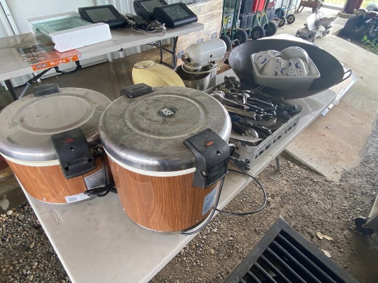 Rice Warmer, mixers,large bundle stainless utensils & Large pan and glass ware