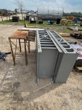 Lot of 2 metal shelving and shop table