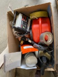Box of Gas cans,straps,battery charger,Kubota air filter fits 3901,Oil filter