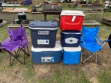 5 coolers & 2 lawn Chairs