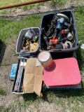 Pallet with parts washer,vise,tile cutter & totes of power tools
