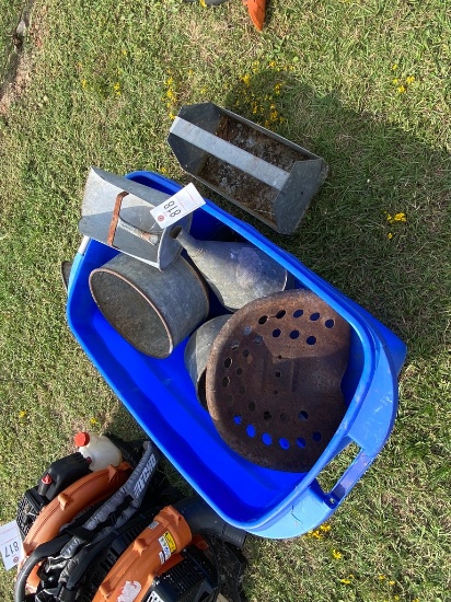 Tote of Antique tool boxes,Funnels,Tractor seat
