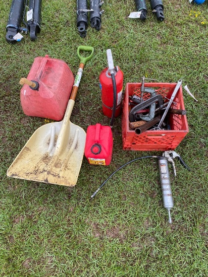 Crate of clamps,grease gun,impact,gas cans & misc