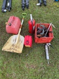 Crate of clamps,grease gun,impact,gas cans & misc