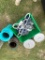 1 tub of Metal Decorations,2 Metal trash cans