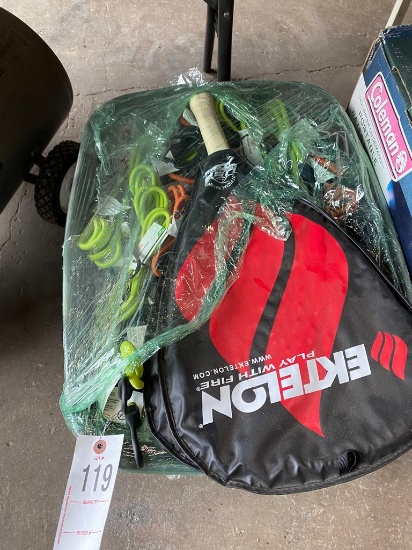 Tote full of bungee straps & 2 rackets