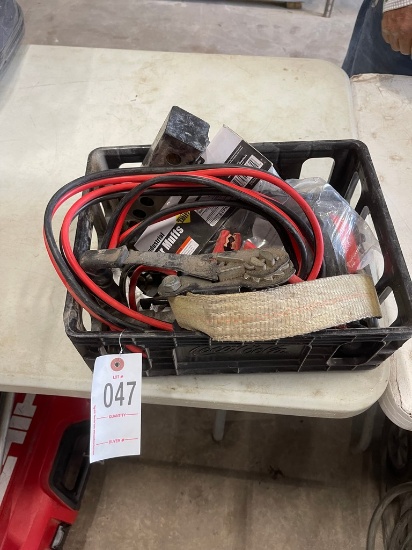 Crate of Hitches & jumpercables & Misc
