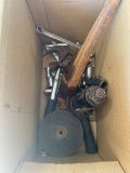 Box with pipe wrench,botttle jack & misc tools