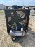 Campbell Hausfeld air compressor 4hp, 13 gal runs but needs work,expert grill hd Metal Box Fan with