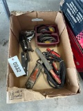 Box of mis content,4 1/2 grinding disc tub, jumper cables, planer,knife sharpener