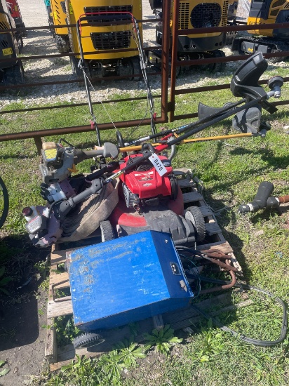 Troy Built Push mower,4 weedeaters,battery charger,fire hose unknown condition