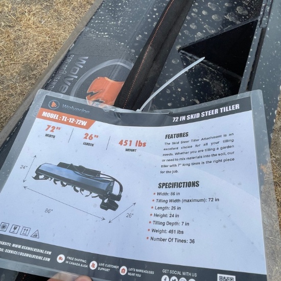 New Wolverine 72" Skid Steer Tiller