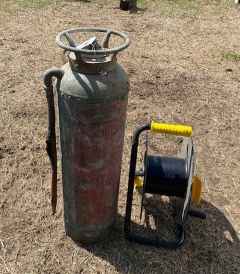 Lot of an Antique Fire Extinguisher and Electrical Reel