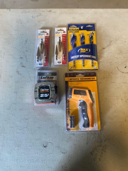 Lot of Misc. tools, drill bits, tape measures, infrared thermometer