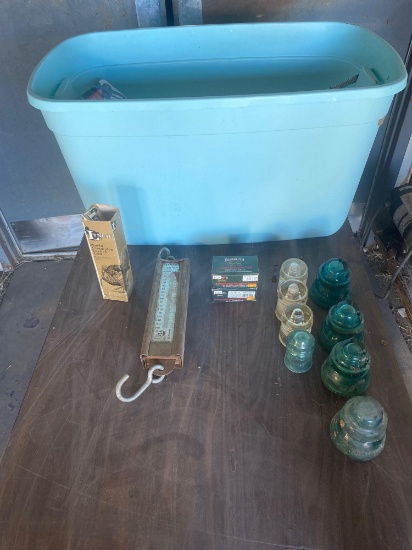 Tub of Misc. Items - Glass Insulators, Hanson Cotton Scales, Lynch Turkey Call
