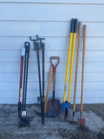 Lot of Misc. Tools: Highlife Jack, Post Hole Diggers, Shovel, Hoe's, ect.