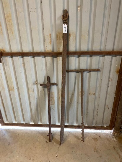 Lot of Misc. Hand Auger, Water Shut off Tool, and Hitching Post