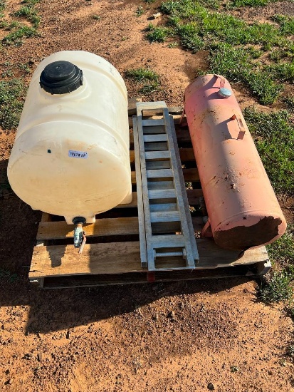 Pallet of Misc. Items - Small Water Tank, Aluminum Ramp, and Small Fuel Tank