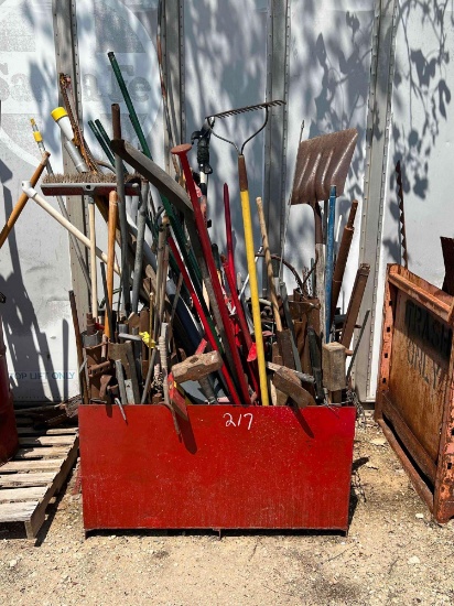 Metal Tool Bin Full of Shovels, Rakes, Axes, Pry bars, etc.