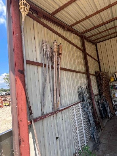 Lot of Misc. Tiki Torches, Lattice, Lawn Chairs, Rod Iron Decorative Items, etc.