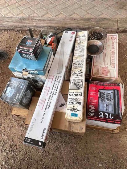 Pallet of Misc. Lights, Propane Heater, Gun Rack, ect.