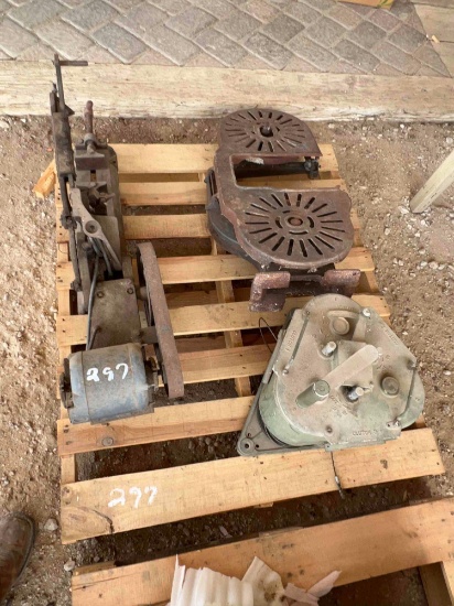 Pallet of Misc. Antique Band Saw, Military Winch, and Banding Machine