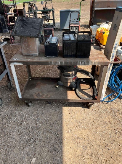 Metal Cart with Misc. Electric Fence Charger, Batteries, New Water Faucet, and Small Shop Vac