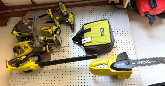 Lot of Ryobi Battery Operated Power Tools - Chainsaw, Hedge Trimmer?s, Drills, etc.