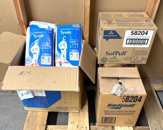 Boxe of Tyvek Suits and 3 Boxes of SofPull Shop Towels