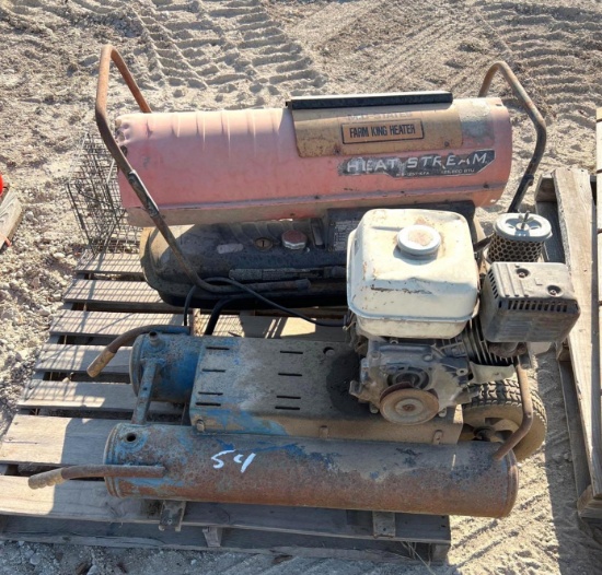 Lot of Misc. Air Compressor, Farm King Heater and Varmint Trap