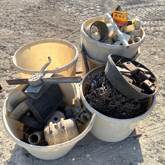 Pallet of Misc. PVC Parts, Tire Chains, Semi Truck Brake Chambers, and Penal Hitches