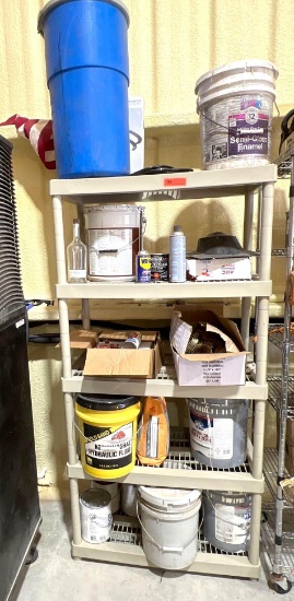 Storage Rack and Contents - Hydraulic Oil, Paint, Roofing Nails, etc..