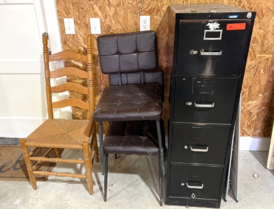 Lot of Misc. Filing Cabinet, 3 Chairs, Pegboard, Grease Pencil Board