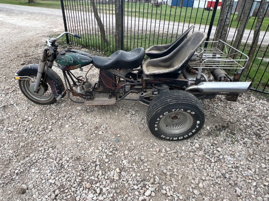 Trike Motorcycle - Has a Corvair Engine, Harley Davidson Fuel Tanks - Does not run
