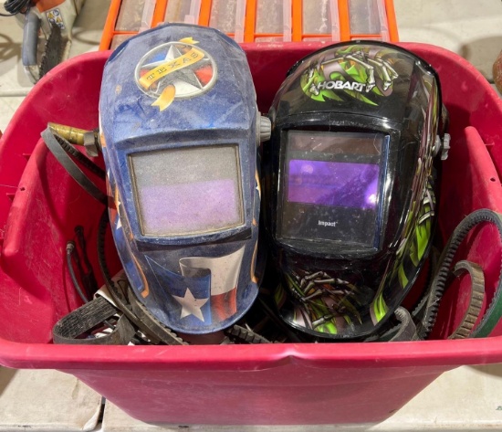 Tub of Misc. Welding Helmets, Com Tools, and Storage Containers