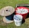 Spool of 12/2 Electric Wire and Tub of PVC Fittings and Sprinkler Repair Components
