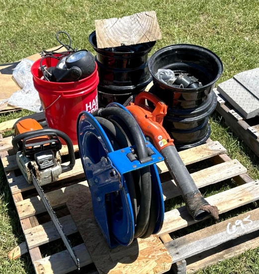 Pallet of Stihl Chainsaw with 16 inch bar, Hose Reel, 4 golf cart wheels with center caps