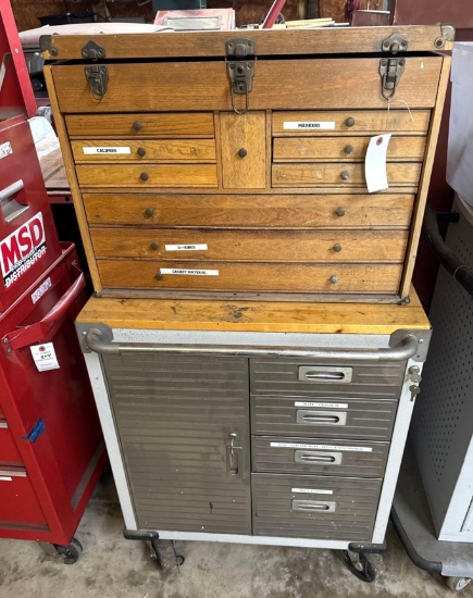 Metal Rolling Shop Cart and Wooden Toolbox