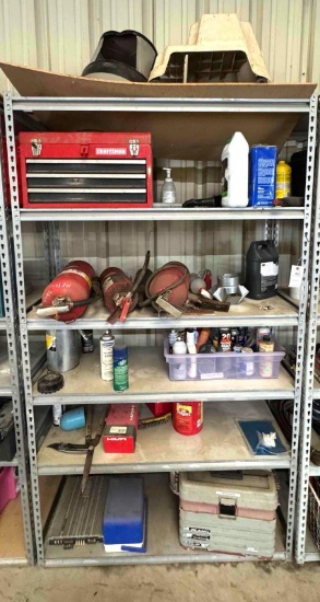 Shelf and Contents: Craftsman Toolbox, Fire Extinguishers, Hilty Water Adapters, etc.
