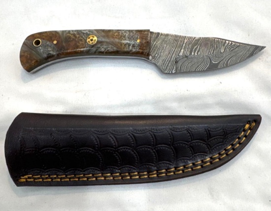 Custom Handmade Damascus Knife with Leather Scabbard